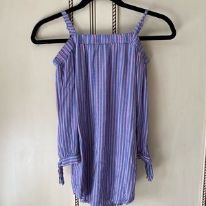 blue and pink off the shoulder top